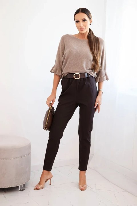 Spodnie damskie wiskozowe z paskiem i zwężaną nogawką brązowe