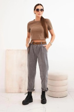 Spodnie damskie z paskiem sztruksowe ciemno szare