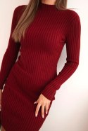 Sukienka damska wiskozowa prążkowana z długim rękawem i stójką bordowa