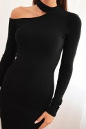 Sukienka damska z dzianiny z długim rękawem i asymetrycznym dekoltem czarna