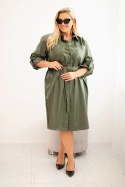 Sukienka damska z eko-skóry Plus Size z paskiem i kołnierzykiem khaki