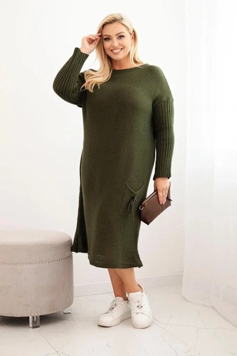 Sukienka swetrowa damska Plus Size z moherem oversize z kieszenią khaki