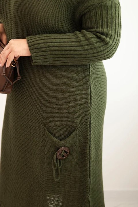 Sukienka swetrowa damska Plus Size z moherem oversize z kieszenią khaki