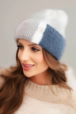 Czapka damska kolorowa z wiskozy z ozdobnym guzikiem biały + granatowy