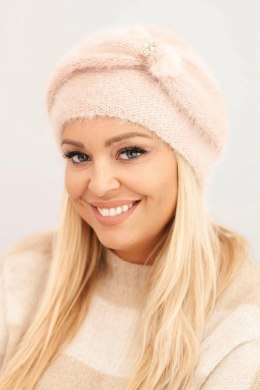 Czapka damska zimowa puszysta z ozdobą i futerkiem pudrowy róż
