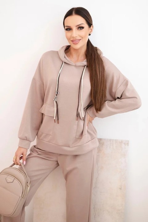 Komplet damska masełkowy bluza z kapturem i spodniami z paskiem ciemny beżowy
