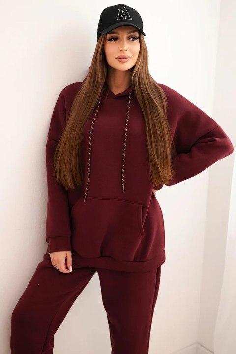 Komplet dresowy damski ocieplany z bawełny i z kapturem bordowy