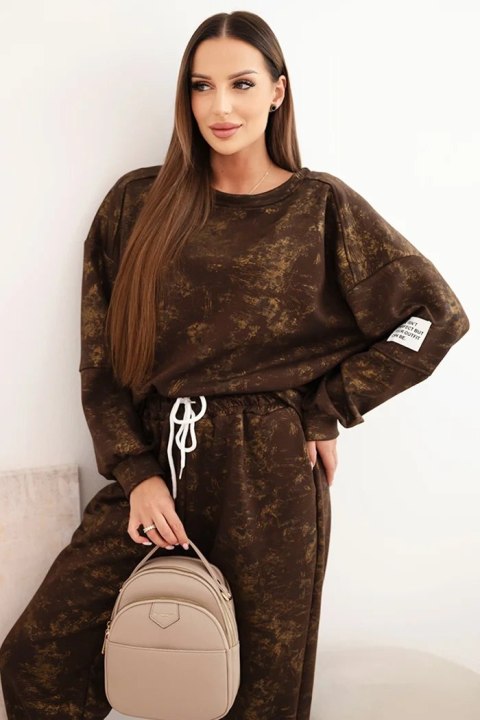 Komplet dresowy damski oversize z wiskozy z wydłużoną bluzą i efektem sprania brązowy