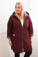 Kurtka damska zimowa pikowana Plus Size z podszewką w panterkę i kapturem bordowa