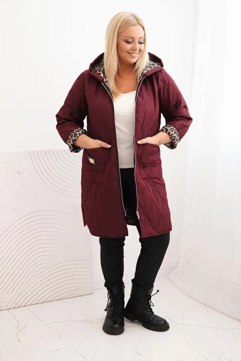 Kurtka damska zimowa pikowana Plus Size z podszewką w panterkę i kapturem bordowa