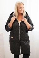 Kurtka damska zimowa pikowana Plus Size z podszewką w panterkę i kapturem czarna