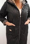 Kurtka damska zimowa pikowana Plus Size z podszewką w panterkę i kapturem czarna