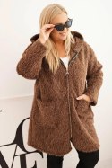 Płaszcz damski Plus Size z wiskozy zapinany na suwak z kapturem brązowy