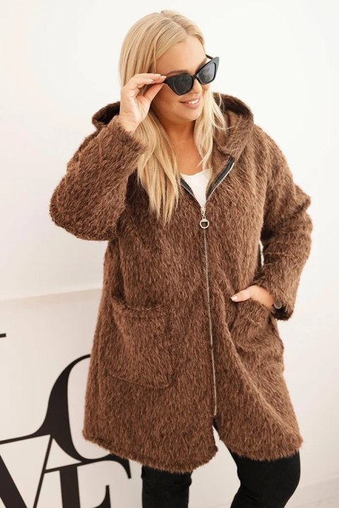 Płaszcz damski Plus Size z wiskozy zapinany na suwak z kapturem brązowy