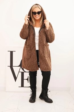 Płaszcz damski Plus Size z wiskozy zapinany na suwak z kapturem brązowy