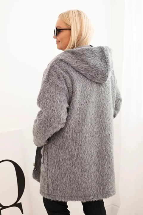 Płaszcz damski Plus Size z wiskozy zapinany na suwak z kapturem szary