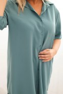 Sukienka damska koszulowa Plus Size z dłuższym tyłem i podwijanym rękawem ciemno miętowa
