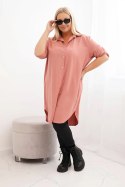 Sukienka damska koszulowa Plus Size z dłuższym tyłem i podwijanym rękawem ciemny pudrowy róż