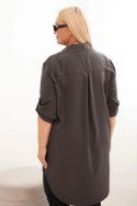Sukienka damska koszulowa Plus Size z dłuższym tyłem i podwijanym rękawem grafitowa