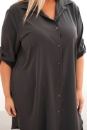 Sukienka damska koszulowa Plus Size z dłuższym tyłem i podwijanym rękawem grafitowa