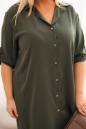 Sukienka damska koszulowa Plus Size z dłuższym tyłem i podwijanym rękawem khaki