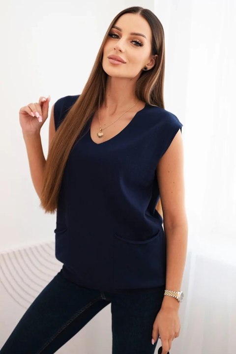 Sweter damski wiskozowy bez rękawów z kieszeniami i dekoltem V granatowy