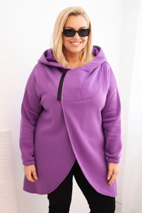 Bluza damska Plus Size ocieplana z kapturem i asymetrycznym zamkiem ciemno fioletowa