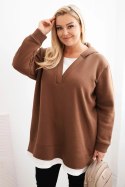 Bluza damska ocieplana Plus Size z kapturem i dekoltem w serek brązowa