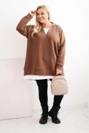Bluza damska ocieplana Plus Size z kapturem i dekoltem w serek brązowa