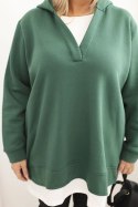 Bluza damska ocieplana Plus Size z kapturem i dekoltem w serek ciemno zielona