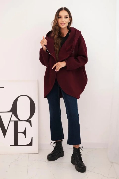 Bluza damska ocieplana z kapturem i asymetrycznym zamkiem bordowa