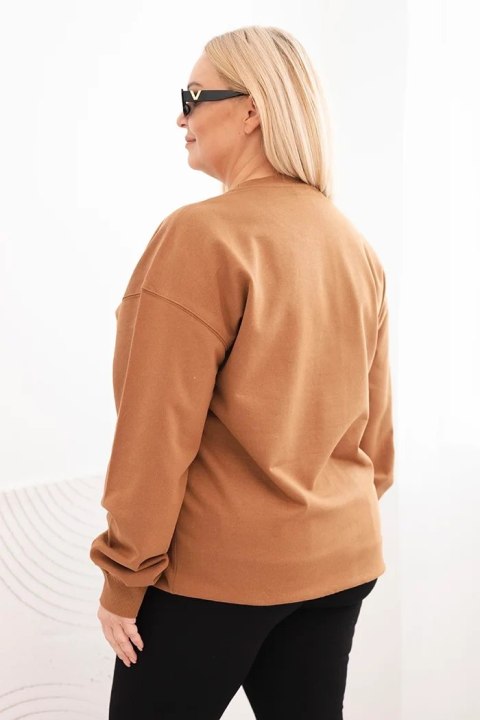 Bluza damska pętelkowa Plus Size bawełniana basic z okrągłym dekoltem camelowa