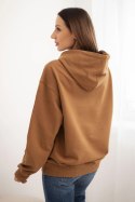 Bluza damska pętelkowa bawełniana z kapturem i kieszenią kangurką camelowa