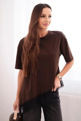 Bluzka damska bawełniana asymetryczna z koronką na dole brązowa