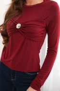 Bluzka damska z wiskozy dopasowana z drapowaniem i broszką bordowa