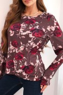 Bluzka damska z wiskozy w kwiaty z długim rękawem brązowa