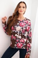 Bluzka damska z wiskozy w kwiaty z długim rękawem czekoladowa
