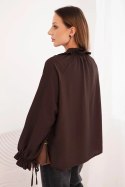 Bluzka damska z wiskozy z dekoltem V i wiązaniem przy rękawach brązowa