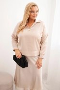 Komplet damska Plus Size z satynowym połyskiem i koronką beżowy