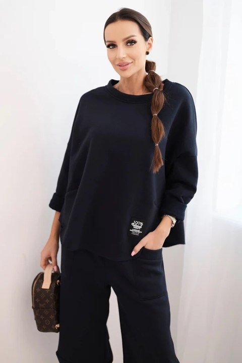 Komplet damski dresowy z grubszego materiału z szerokimi nogawkami granatowy