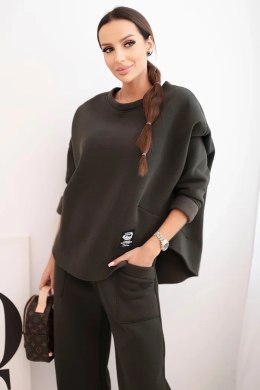 Komplet damski dresowy z grubszego materiału z szerokimi nogawkami khaki