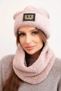 Komplet damski polarowy czapka i komin z ozdobną naszywką ciemny pudrowy róż