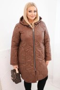 Kurtka damska Plus Size zimowa pikowana z kapturem czekoladowa