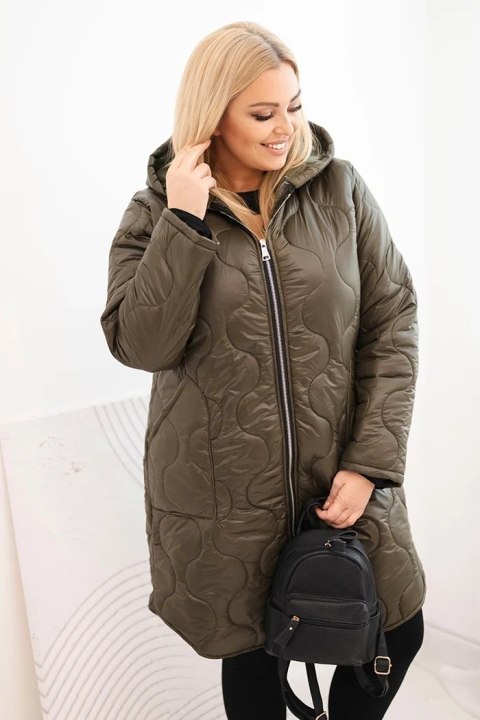 Kurtka damska Plus Size zimowa pikowana z kapturem khaki
