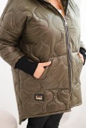 Kurtka damska zimowa Plus Size pikowana z kapturem khaki