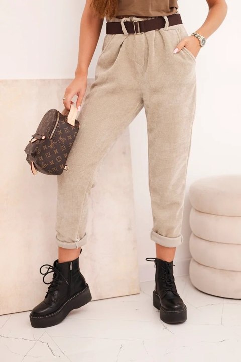 Spodnie damskie z paskiem sztruksowe ciemno beżowe
