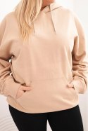 Bluza damska pętelkowa Plus Size bawełniana z kapturem i kieszenią kangurką beżowa