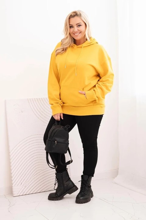 Bluza damska pętelkowa Plus Size bawełniana z kapturem i kieszenią kangurką musztardowa