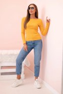 Bluzka damska bawełniana z długim rękawem i dekoltem łódką musztardowa