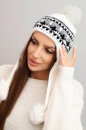 Czapka damska wełniana zimowa z nausznikami i pomponami K436 biała